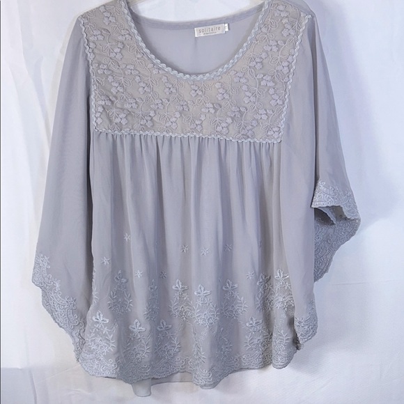 Solitaire Tops - Solitaire Sheer Gray Embellished Tunic Blouse Size 1X